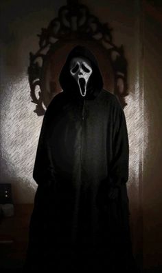 a person in a black hooded jacket with a ghost mask on