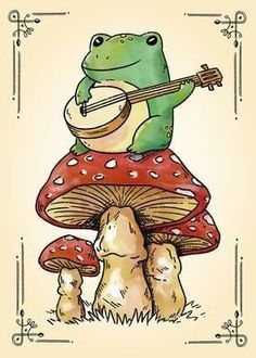 a frog sitting on top of a mushroom with a guitar