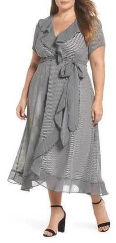 Plus Size Ruffle Stripe Faux Wrap Midi Dress Plus Size Curvy Fashion, Plus Size Wedding Dresses With Sleeves, Dresses For Apple Shape, Trendy Dresses Summer, Midi Dress Plus Size, Dress Wrap, Wrap Midi Dress, Fashion Sewing, Nordstrom Dresses