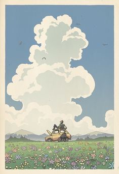 two people riding on the back of a car in a field with flowers and clouds