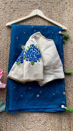 Threads party wear Kurtis of cotton and embroidery latest designs Heavy Blouses, Blue Organza Saree, Worked Blouse, Cotton Saree Blouse Designs, Simple Saree Designs, Blue Organza