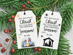 two christmas tags with the words may the love of christ fill your heart this christmas season