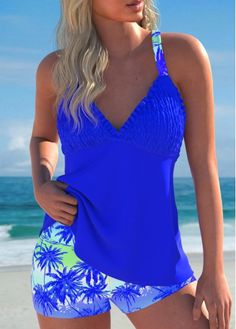 Color:Royal Blue;Size:S;Size:M;Size:L;Size:XL;Size:XXL;Bra Style:Padded;Support:Wire Free;Pad Style:Removable;Strap Style:Adjustable;Package Contents:1 X Top , 1 X Shorts;Occasion:Sport; Pink Tankini, Pretty Swimsuits, Blue Tankini, Plants Print, Trendy Swimsuits, Green Wave, Printed Tankini, Grocery Tote, Bra Style