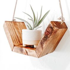 an air plant is hanging from a wooden shelf with two pots on it and a rope attached to the wall