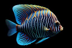 a blue and yellow fish with orange stripes on it's side, against a black background