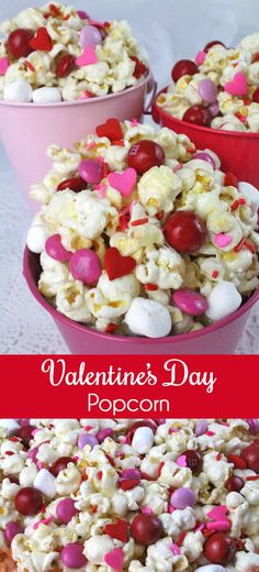 valentine's day popcorn with hearts in pink bowls