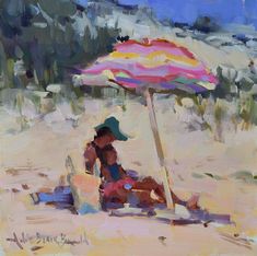 a painting of people sitting under an umbrella on the beach