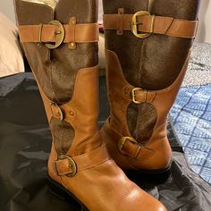 London Fog Fur Lined All Weather Boot Size 8.5 Brown Leather Trim Boots With Round Toe, Brown Boots With Leather Trim And Round Toe, All Weather Boots, London Fog, Bike Ride, Winter Rain, Rain Boots, Bike, London