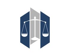 the scales of justice logo is shown in blue and grey colors, with an inverted background