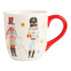 a red handled mug with an image of two soldiers on it