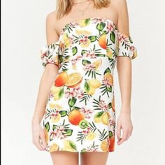 Citrus Fruit Print Off The Shoulder Dress. Bardot Style Off-The-Shoulder Citrus Dress. New With Tag. Forever 21 Brand. Size Small. Measurements: 23" Long, 12.5" Elastic Waist. Has Inside Lining. Back Zipper Closure. Materials: 95% Polyester, 5% Spandex/Elastane. Yellow Off-shoulder Summer Dress, Orange Off-shoulder Mini Dress, Strapless Printed Mini Dress For Summer, Summer Off Shoulder Fitted Dress For Day Out, Fitted Off Shoulder Summer Dress, Summer Day Out Fitted Off Shoulder Dress, Fitted Off Shoulder Dress With Short Sleeves For Vacation, Fitted Off Shoulder Dress For Summer Day Out, Spring Orange Off-shoulder Mini Dress