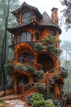 an unusual house in the woods with plants growing out of it