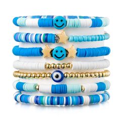 PRICES MAY VARY. Sky Blue Preppy Bracelets: The package comes with 7 pieces Heishi bracelets in different style. The bracelets set is collected and designed by kinds of special elements -beads, blue and white vinyl clay, smile, star, evil eye, and so on. Each of them is unique and attractive. Size Detail: The perimeter of stretch bracelets is about 6.2/7inch, which are suitable for most people wrist size. Besides, the bracelets are stretchable, it is convenient for your to wear and take off. Pre Clay Bead Ideas, Heishi Bracelets, Layering Bracelets, Clay Bead Bracelets, Beaded Braclets, Preppy Bracelets, Beach Bohemian, Preppy Jewelry, Clay Bead Bracelet