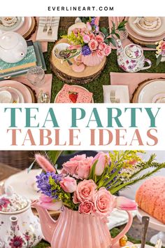 a pink tea party table setting with flowers in a vase, plates and utensils