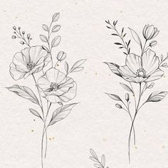 three flowers are drawn in black and white ink on a piece of paper with gold flecks