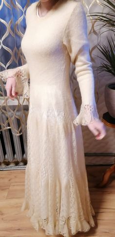 "This hand knit dress is perfect for special event or could be your casual dress. Very soft and cozy, it is a great idea for wedding. A lot off different patterns make texture, at the same time this dress is very cozy. Size M :  US 4-6 /EUR 38/ UK 8-10/AU 8-10 / Bust : fits bust around 92 - 96 cm (36-38\") Waist :fits waist around 72 - 76 cm (28-30\") Hips : fits hips around 100-104 cm ( 39-40,50\")  Material : mohair kid silk yarn, soft and good for sensitive skin. Care  : * Hand wash ,max 30 d Elegant White Crochet Maxi Dress, Elegant White Maxi Crochet Dress, Elegant Crochet Maxi Dress For Wedding, Elegant Maxi Length Crochet Dress For Wedding, Elegant Maxi Length Crochet Wedding Dress, Elegant Floor-length Crochet Dress, Winter Wedding Lace Dress, Elegant Beige Dresses With Crochet Lace, Maxi Length Crochet Lace Wedding Dress