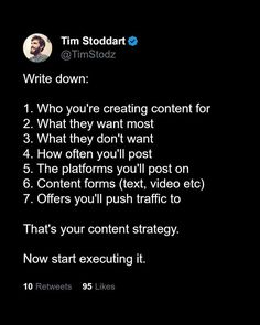 a text message from tim stoddart on twitter about the content creation process