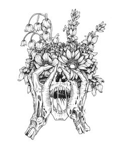 Hand made illustration. Ink on paper, analog. No digital. Women�’s Simple Tattoos, 4 Hour Tattoo Ideas, Creepy Tattoo Sleeve, Skull Flowers Drawing, Flower Collage Tattoo, Witchy Drawing Ideas, Symetric Tattoo Ideas, Joey Tattoo, Fragment Art