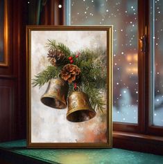 a painting of two bells with pine cones on them