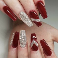 Red And Silver Nails, Nails With Glitter, Nails For Bride, Wedding Nails Glitter, Red Acrylic Nails