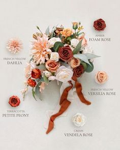 a bridal bouquet with orange and white flowers on a white background for an autumn wedding