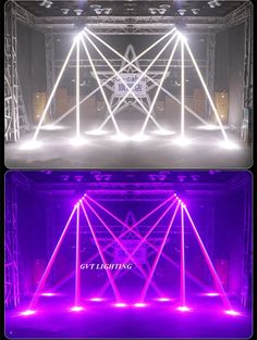 two different stages of lighting in an empty stage with the lights turned on and off