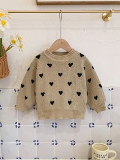 Brown  Collar Long Sleeve Knitwear Geometric Pullovers Embellished High Stretch  Baby Girls Clothing Cute Winter Sweater With Heart Print, Cute Heart Print Winter Sweater, Cute Heart-shaped Winter Sweater, Cute Heart Pattern, Brown Long Sleeve, Cute Heart, Heart Pattern, Girls Sweaters