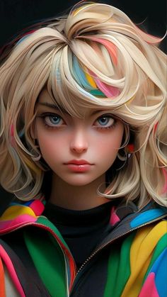 a close up of a doll with blonde hair and multicolored stripes on it