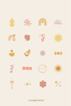 Set of icon illustrations for Instagram Branding Icon Design, Boho Logos Ideas, Whimsical Logo Design Inspiration, Bohemian Website Design, Retro Boho Graphics, Bohemian Design Graphic, Boho Brand Design, Peaceful Graphic Design, Modern Boho Branding