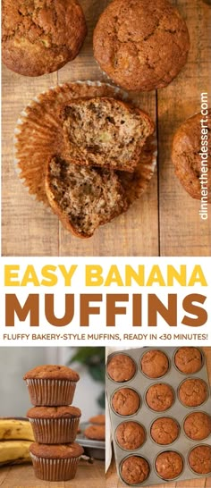 banana muffins with text overlay that says easy banana muffins