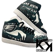 Custom Air Force 1's (AF1s) Mid - adult. Custom Design, hand-painted. All items are hand-painted with angelus leather paints, and coated in angelus acrylic finisher. Please note this makes all custom sneakers water resistant, but never 100% waterproof, please be careful when cleaning. Processing time for all custom orders takes between 6-8 weeks. If you need a rush order please don't hesitate to contact me, may be an additional charge. Please keep in mind that all orders are hand-painted and spe Artistic Leather Custom Sneakers For Streetwear, Custom Hand Painted Leather Sneakers, Artistic Leather Sneakers With Custom Artwork, Black Hand Painted Leather Sneakers, Custom Leather Sneakers With Artwork, Hand Painted Leather Sneakers With White Sole, Hand Painted Black Leather Sneakers, Custom Green High-top Sneakers, Artistic Hand Painted Leather Sneakers