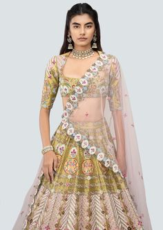 Multicolored olive embellished heavy kali tissue lehenga with broad lehenga border, blouse and net dupatta with border. Designer Green Choli With Sheer Dupatta, Designer Green Lehenga With Sheer Dupatta, Green Organza Lehenga With Cutdana, Green Organza Lehenga With Cutdana Detail, Pista Green Organza Choli With Cutdana, Green Organza Choli With Intricate Embroidery, Pista Green Lehenga With Cutdana For Designer Wear, Designer Pista Green Choli With Dupatta, Designer Pista Green Lehenga With Cutdana