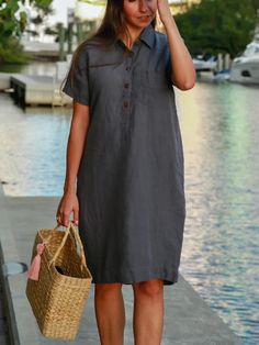 Fashion High Street Pocket Solid Summer Dress Women Vintage Button Lapel Mini Dress Casual Ladies Cotton Linen Shirt Dress Knee-length Shirt Dress With Buttons For Beach, Collared Dresses With Pockets For Vacation, Solid Color Beach Shirt Dress With Button Closure, Casual Solid Shirt Dress With Button Closure, Knee-length Shirt Dress With Pockets For Vacation, Knee-length Shirt Dress With Pockets For Beach, Beach Shirt Dress With Button Closure, Knee-length Shirt Dress With Buttons For Vacation, Casual Beach Shirt Dress With Buttons