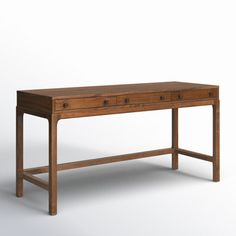 a wooden desk with two drawers on one side and an open drawer on the other