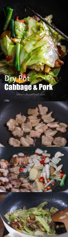 the process of cooking vegetables and pork in a wok