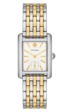 Tory Burch Eleanor Two-Tone Stainless Steel Bracelet Watch, 25mm x 34mm | Nordstrom Tory Burch Watch, Womens Designer Watches, Everyday Watch, Hand Watch, Steel Watch, Stainless Steel Watch, Steel Bracelet, Stainless Steel Bracelet, Watch Design