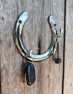 a close up of a metal hook on a wooden door