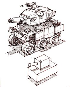 a drawing of a tank on wheels and an object in the middle with two boxes