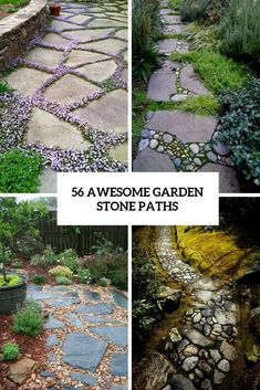 the garden stone path is surrounded by plants and rocks, with text overlay that reads 55 awesome garden stone paths