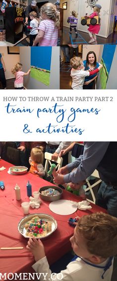 a collage of photos showing children eating and playing at a party with the caption how to throw a train party?