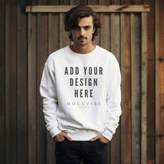 White Crew Sweater With Branding, White Crew Neck Sweater With Branding, Casual White Sweater With Branding, White Relaxed Fit Sweater With Branding, White Custom Print Sweater For Streetwear, Boho Frame, Sweatshirt Mockup, Promotional Materials, Clothing Mockup