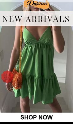 V Neck Backless Slip Mini Dress Trendy V-neck Mini Dress For Summer, Green V-neck Mini Dress For Summer, Casual Sundress For Spring, Casual Solid Color Sundress For Spring, Trendy V-neck Party Sundress, V-neck Solid Color Sundress For Spring, Spring V-neck Solid Color Sundress, Solid Color V-neck Sundress For Spring, Spring Solid Color V-neck Sundress