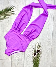 "FREE SHIPPING TO USA FOR ALL ORDERS OVER 35$! Choose right size by following our size chart below, thank you! We use FEDEX PRIORITY shipping service to the United States to guarantee the fastest delivery in 3-4 days. Flattering one piece swimsuit in lavander fabric with open back and high cut. It has a deep neckline secured at the back of the neck with a halter tie. Stretchy and body fitting material. COLOR: LAVANDER MEASUREMENTS: X-Small - Bust - 32\" - 34\" (82-86 CM) - Hips - 35\" - 36\" (88 High Waisted Swimsuit, Suit Vintage, Swimsuit One Piece, High Waisted Swim, Deep Neckline, Swimsuits High Waisted, Swim Wear, One Piece Swim, Swim Suit