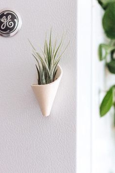 Small ivory magnetic ceramic cone. The cone is styled sticking to a fridge and is holding an air plant. Ceramic Airplant Holder, Wall Planter Ceramic, Ceramic Air Plant Holder, Air Dry Clay Flower Pots, Ceramic Wall Pocket, Air Dry Clay Wall Decor, Office Bulletin Board, Clay Plants, Ceramic Wall Planters