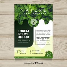 a green flyer with leaves on the wooden background for an event or party, it is designed