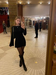 Black Dress Long Boots, Black Skirt Knee High Boots, Fall High Boots Outfit, Leather Boots Outfit Knee High, Knee High Boots Outfit Going Out, Cute Outfits With Knee High Boots, Black Dress And Knee High Boots, Black Heels With Tights, Night Out Outfit With Boots