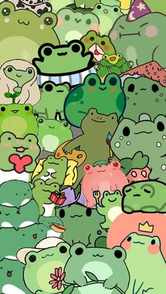 a bunch of green and pink cartoon animals with different expressions on their faces, all grouped together