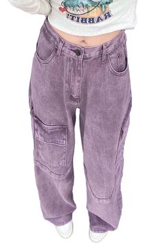 Soft Grunge Purple Wide Leg Jeans for Women Side Pockets Purple Straight Leg Pants With Cargo Pockets, Purple Straight Leg Bottoms With Cargo Pockets, Purple Cotton Cargo Pants, Purple Baggy Pants For Fall, Baggy Purple Bottoms For Fall, Trendy Purple Pants With Pockets, Casual Purple Pants With Cargo Pockets, Purple Baggy Straight Leg Pants, Lavender Straight Leg Bottoms With Pockets