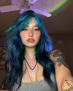 Blue Hair With Bangs Long, Blue Teal Hair Ombre, Cool Blue Hair Ideas, Blue Dimensional Hair, Light Blue Streaks In Black Hair, Blue Hair On Pale Skin, All Blue Hair, Light And Dark Blue Hair, Dark Blue To Light Blue Hair Ombre