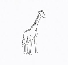 a black and white drawing of a giraffe with words on it's neck